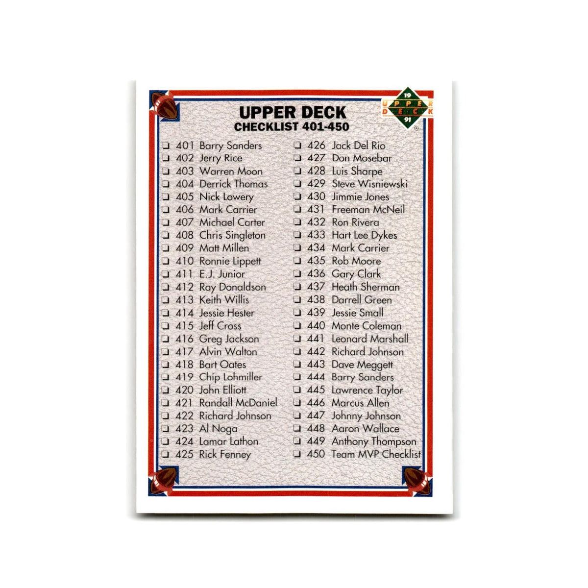 Checklist 1991 Upper Deck #500 Football Card NM