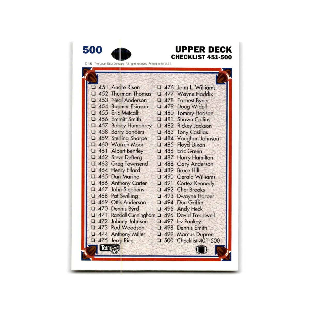 Checklist 1991 Upper Deck #500 Football Card NM