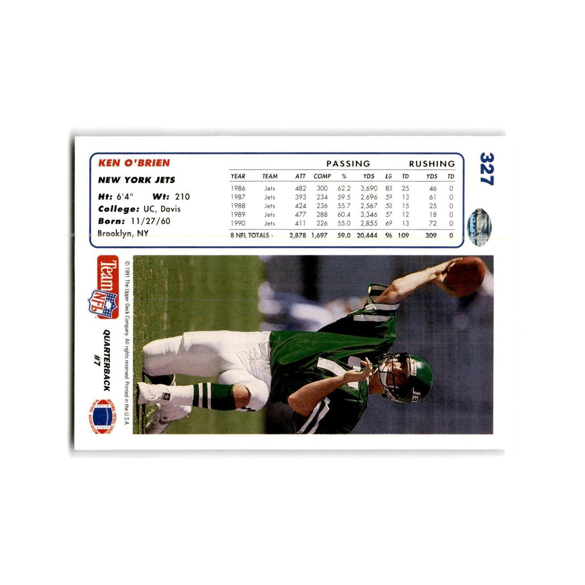 Ken O'Brien 1991 Upper Deck #327 New York Jets Football Card NM