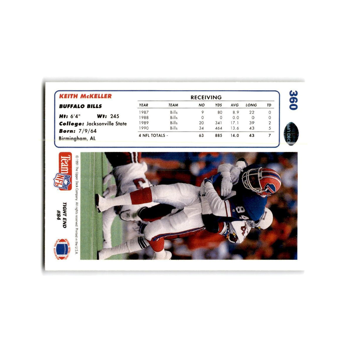 Keith McKeller 1991 Upper Deck #360 Buffalo Bills Football Card NM