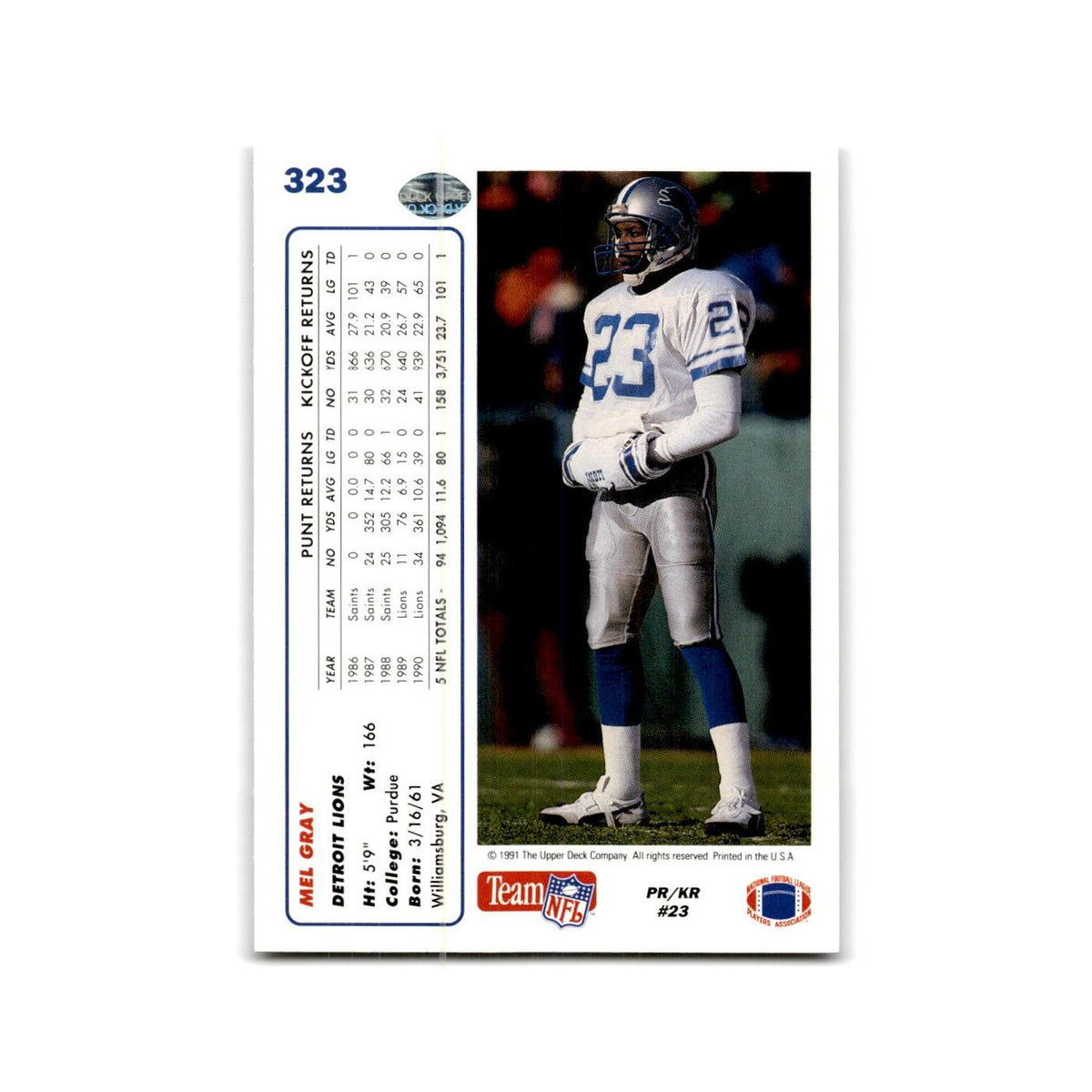 Mel Gray 1991 Upper Deck #323 Detroit Lions Football Card NM