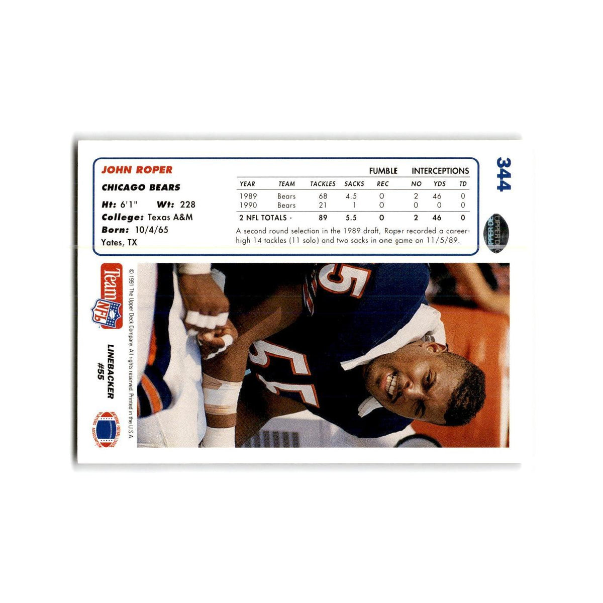 John Roper 1991 Upper Deck #344 Chicago Bears Football Card NM