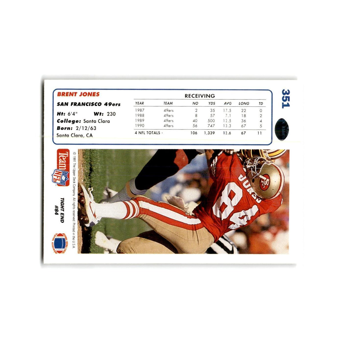 Brent Jones 1991 Upper Deck #351 San Francisco 49ers Football Card NM