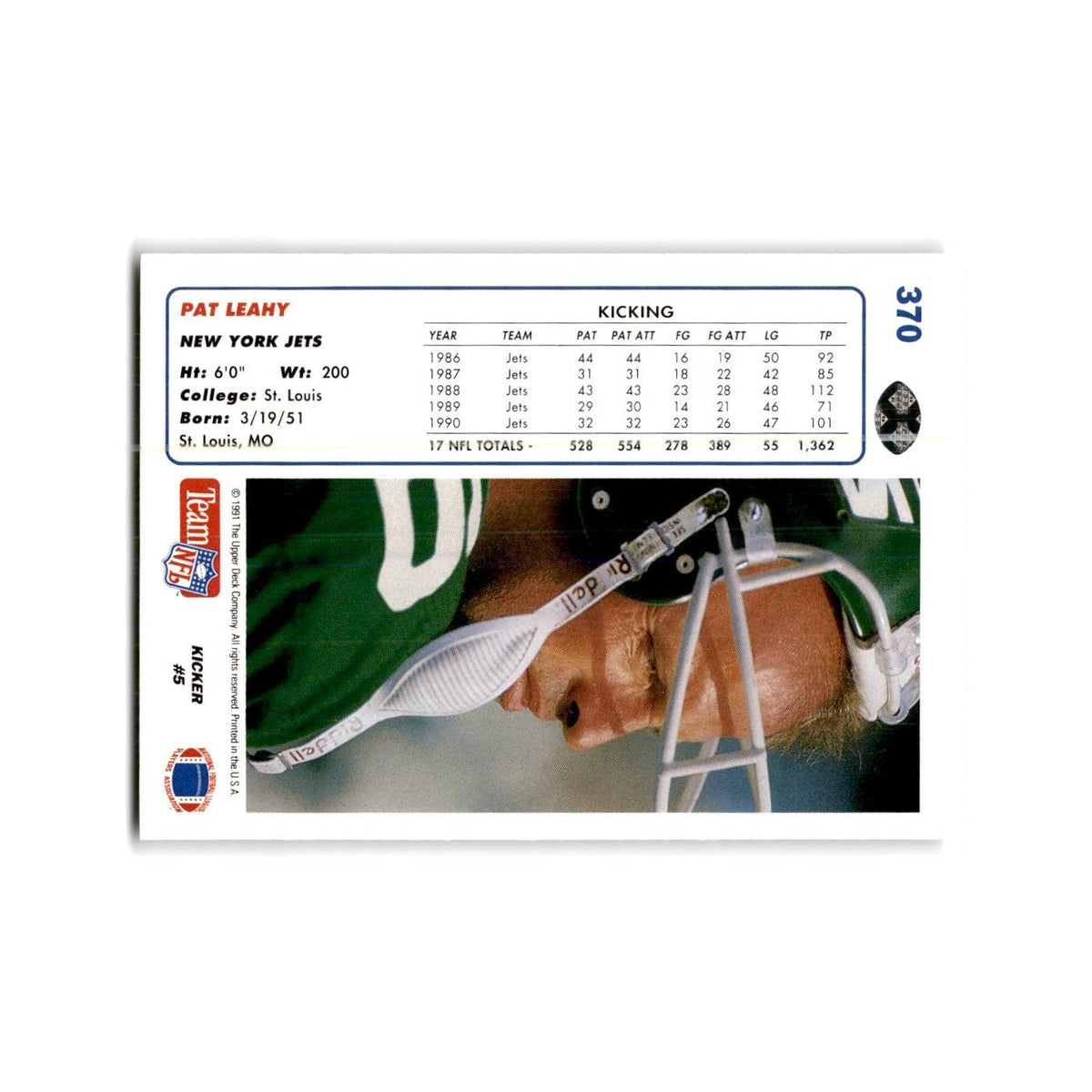 Pat Leahy 1991 Upper Deck #370 New York Jets Football Card NM