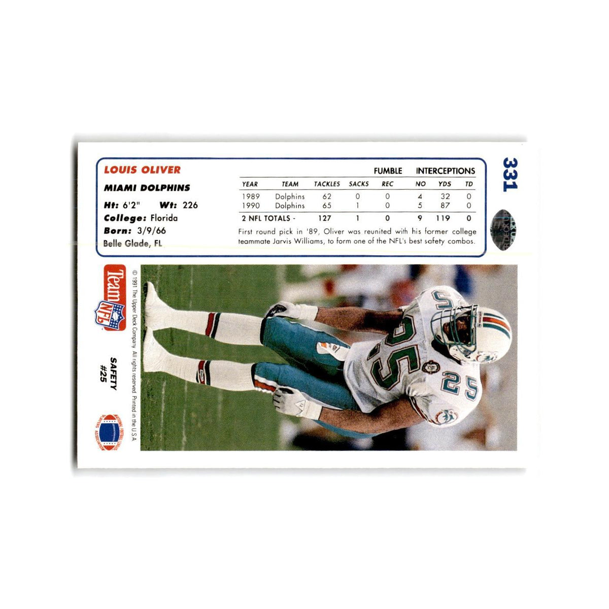 Louis Oliver 1991 Upper Deck #331 Miami Dolphins Football Card NM