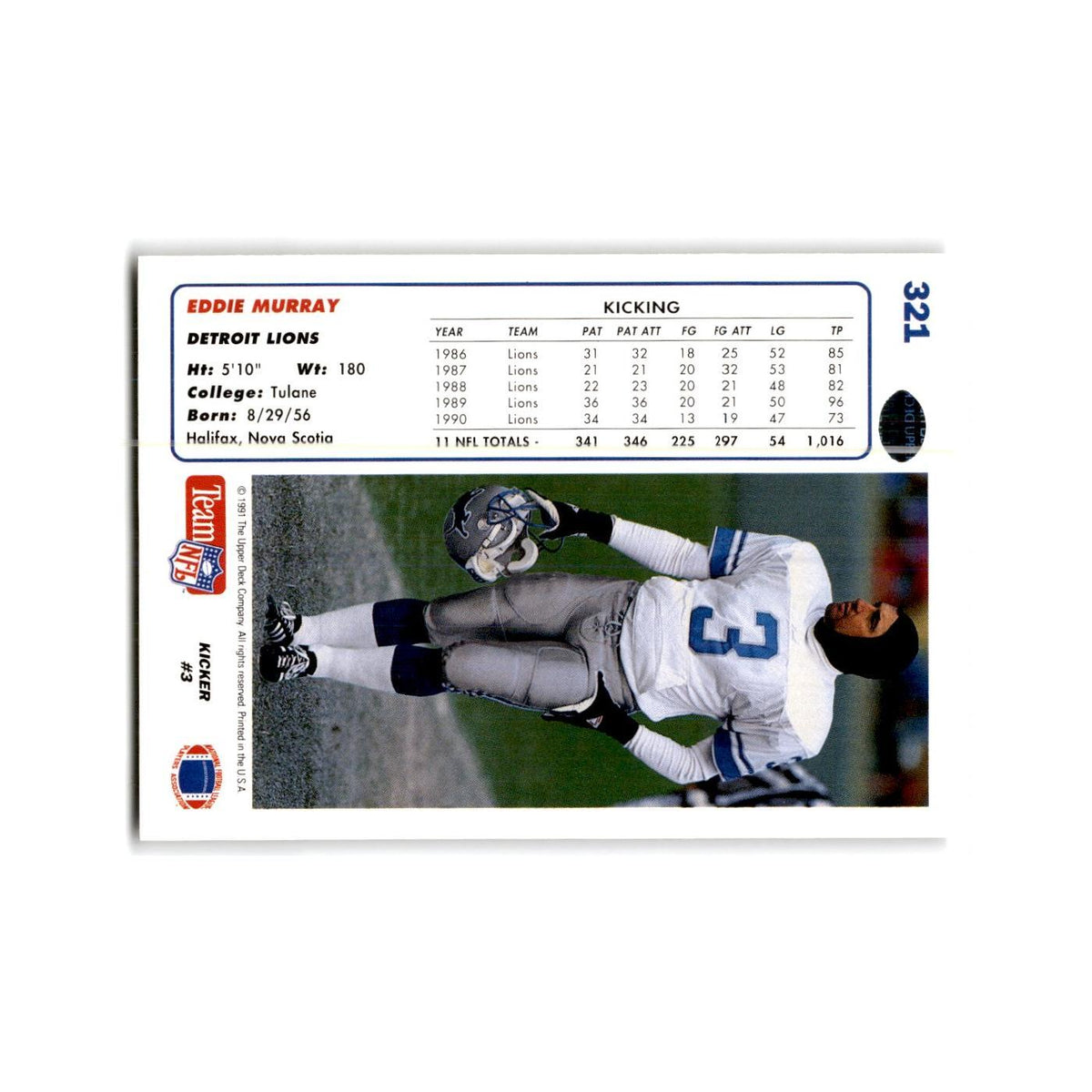 Eddie Murray 1991 Upper Deck #321 Detroit Lions Football Card NM