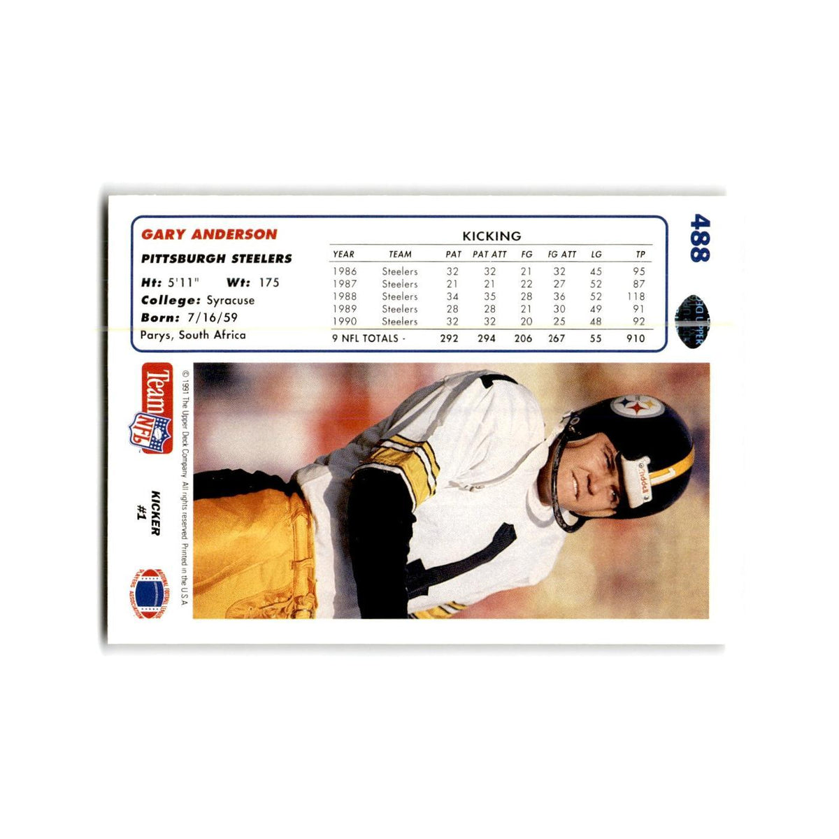 Gary Anderson 1991 Upper Deck #488 Pittsburgh Steelers Football Card NM