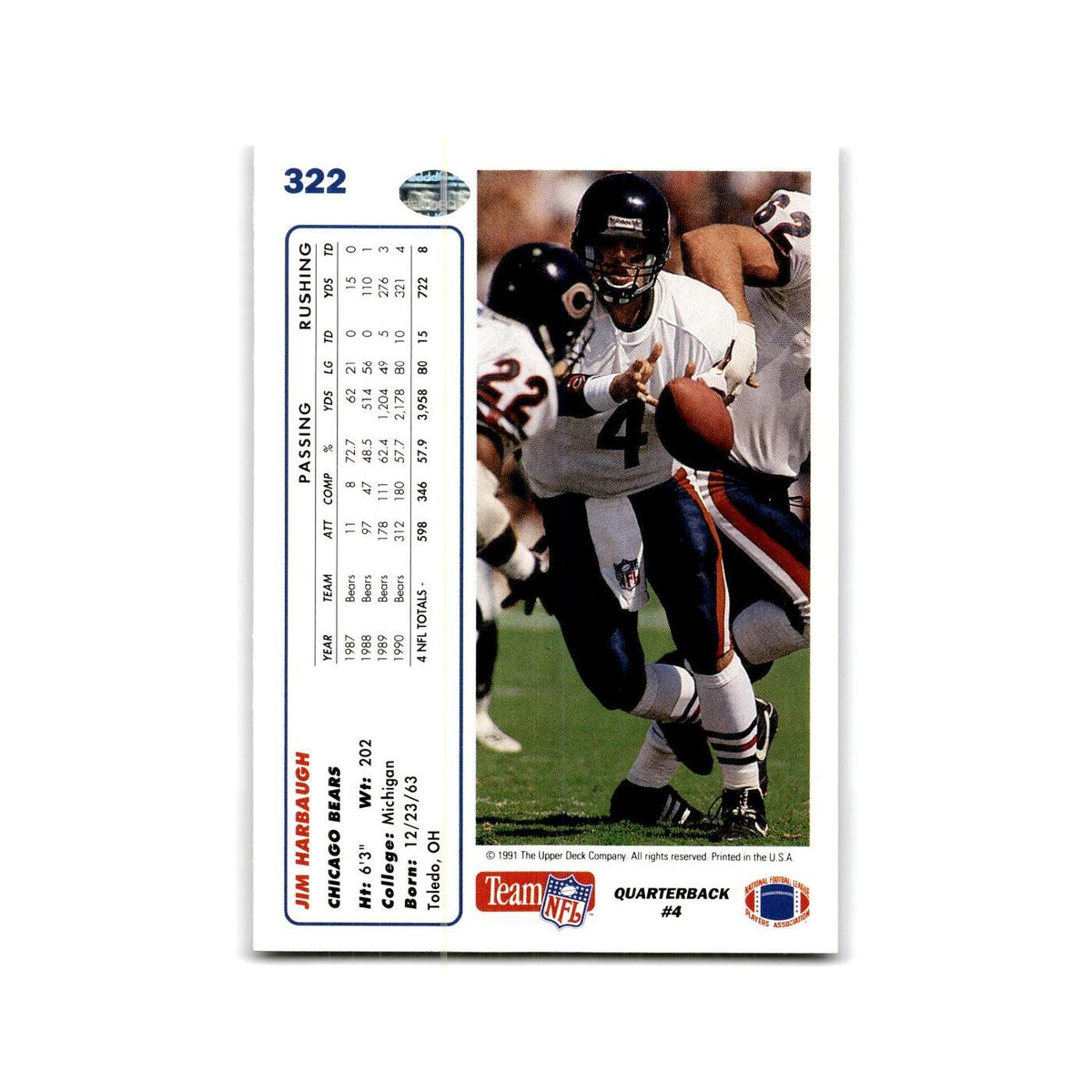Jim Harbaugh 1991 Upper Deck #322 Chicago Bears Football Card NM
