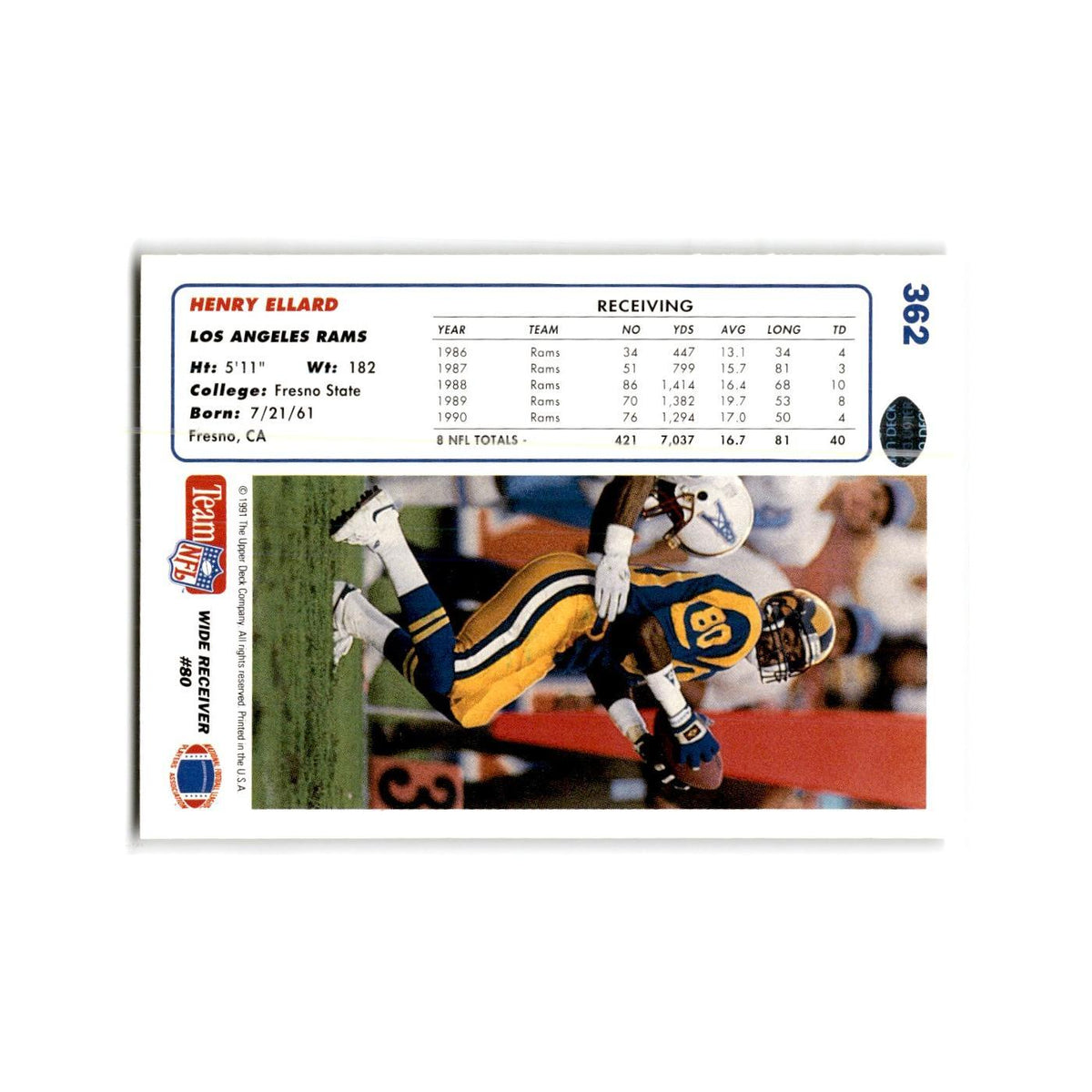 Henry Ellard 1991 Upper Deck #362 Los Angeles Rams Football Card NM