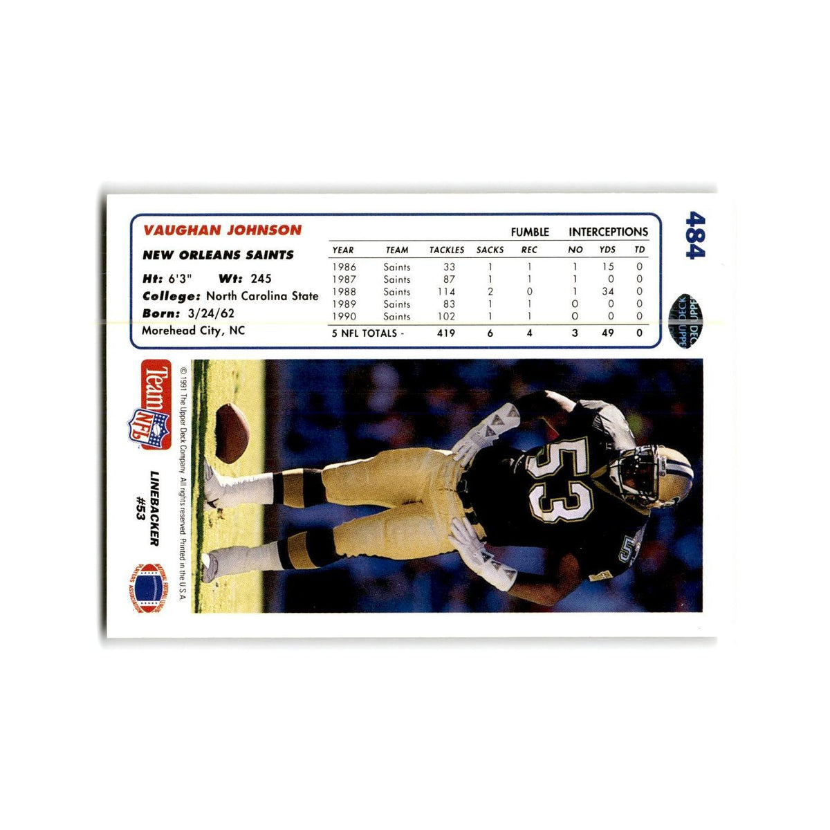 Vaughan Johnson 1991 Upper Deck #484 New Orleans Saints Football Card NM