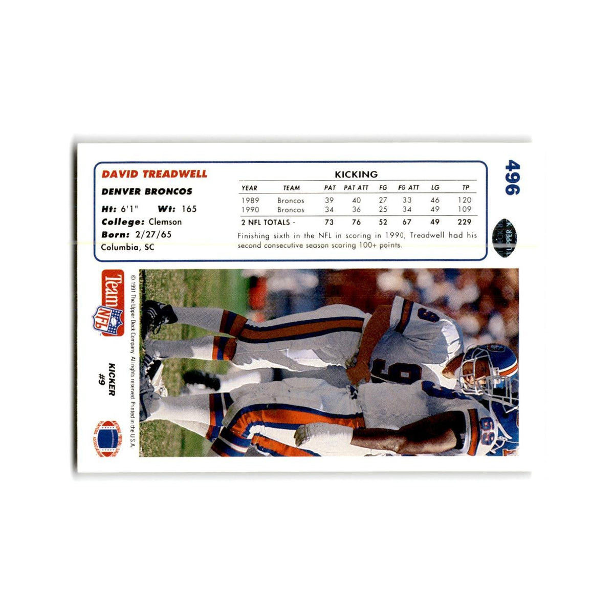 David Treadwell 1991 Upper Deck #496 Denver Broncos Football Card NM