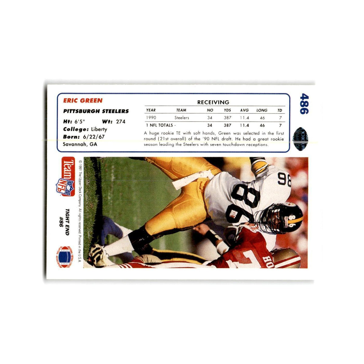 Eric Green 1991 Upper Deck #486 Pittsburgh Steelers Football Card NM