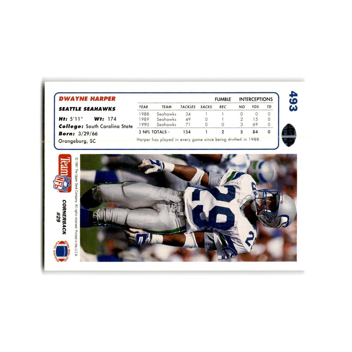 Dwayne Harper Rookie 1991 Upper Deck #493 Seattle Seahawks Football Card NM