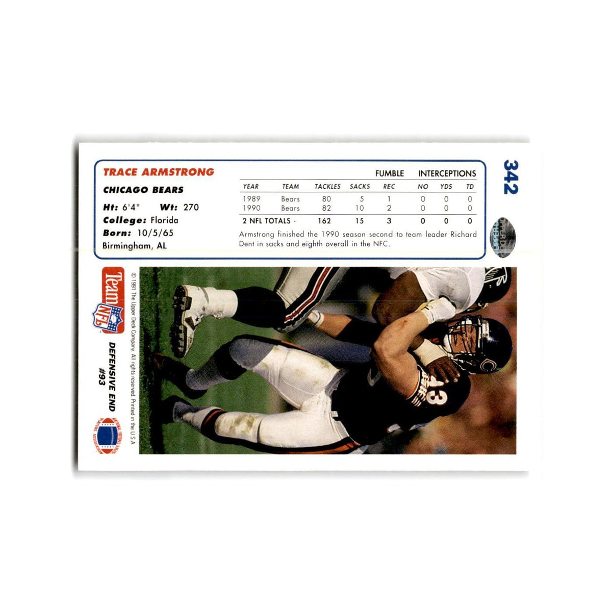 Trace Armstrong 1991 Upper Deck #342 Chicago Bears Football Card NM