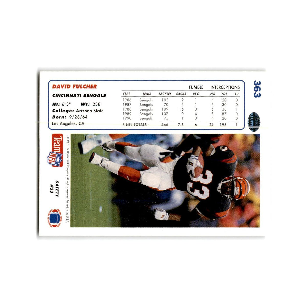 David Fulcher 1991 Upper Deck #363 Cincinnati Bengals Football Card NM