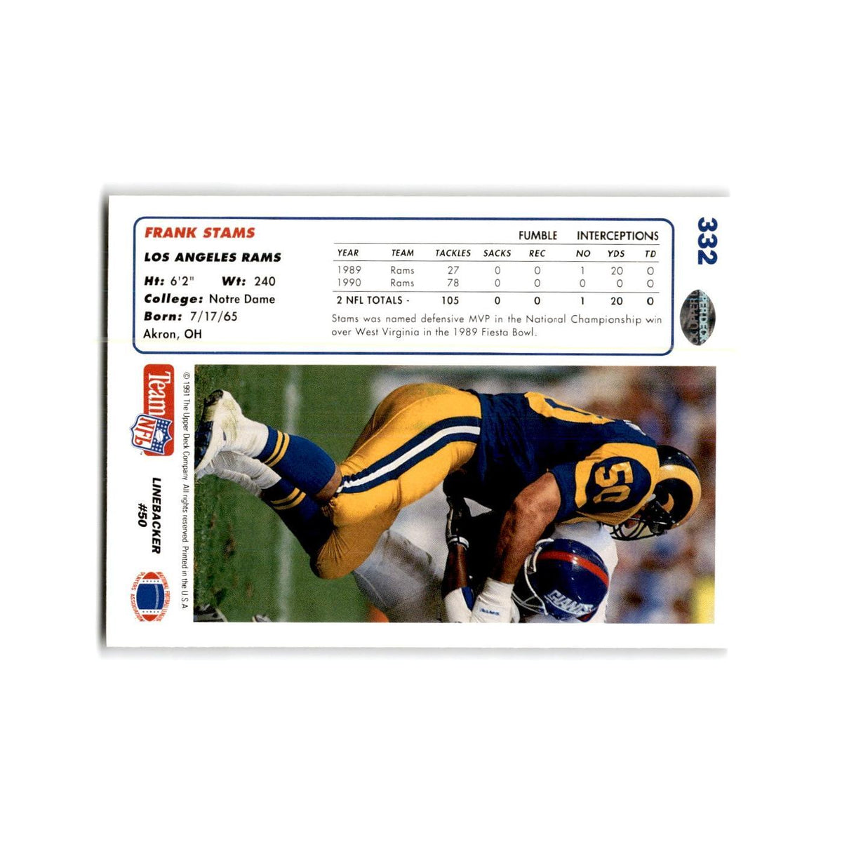 Frank Stams 1991 Upper Deck #332 Los Angeles Rams Football Card NM
