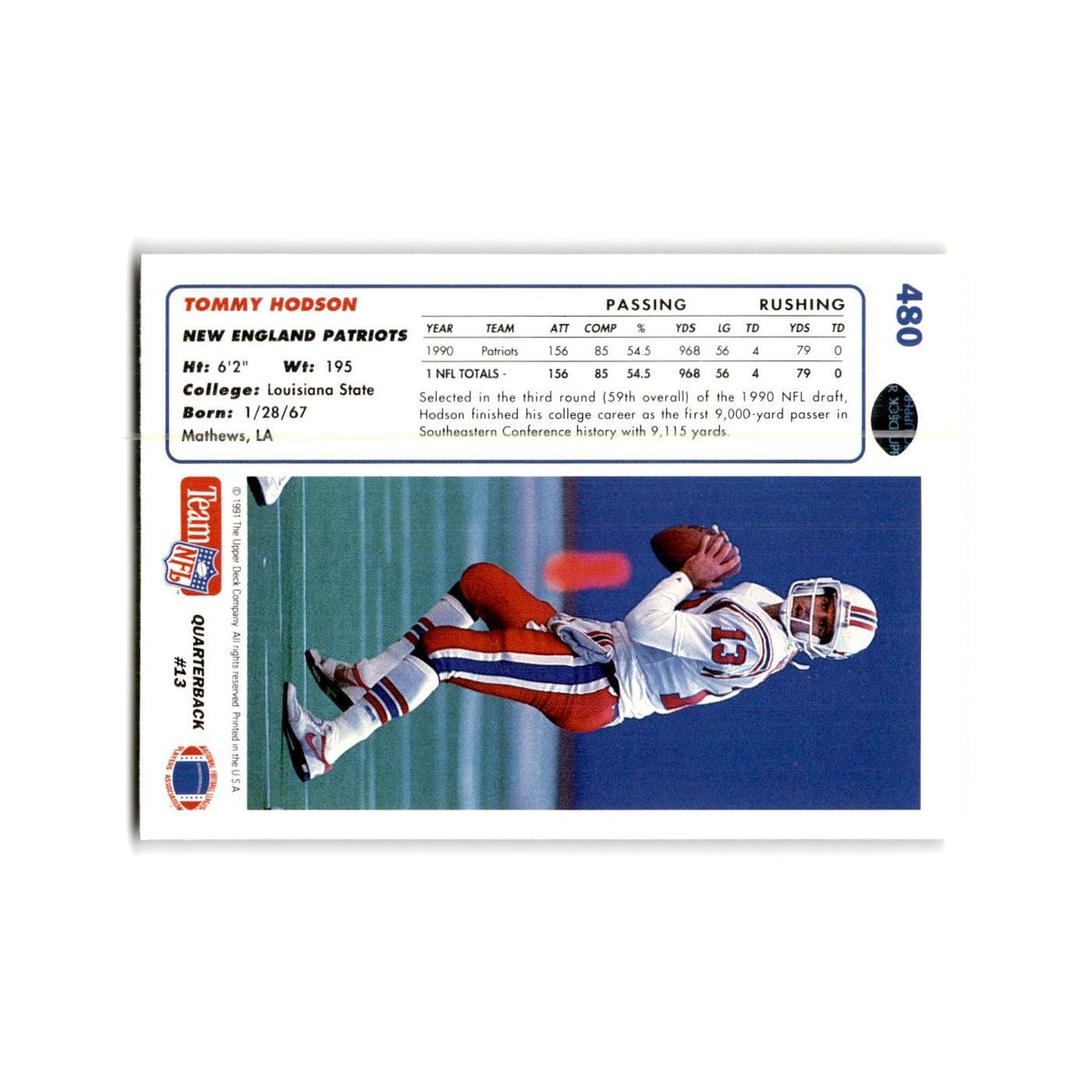 Tommy Hodson 1991 Upper Deck #480 New England Patriots Football Card NM