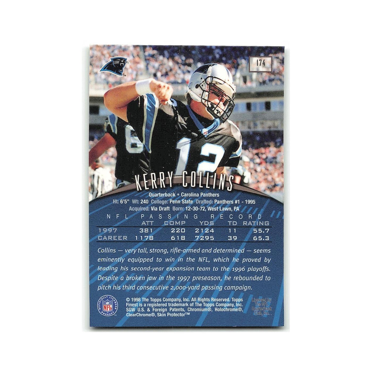 Kerry Collins 1998 Topps Finest w Coating #174 Carolina Panthers NM