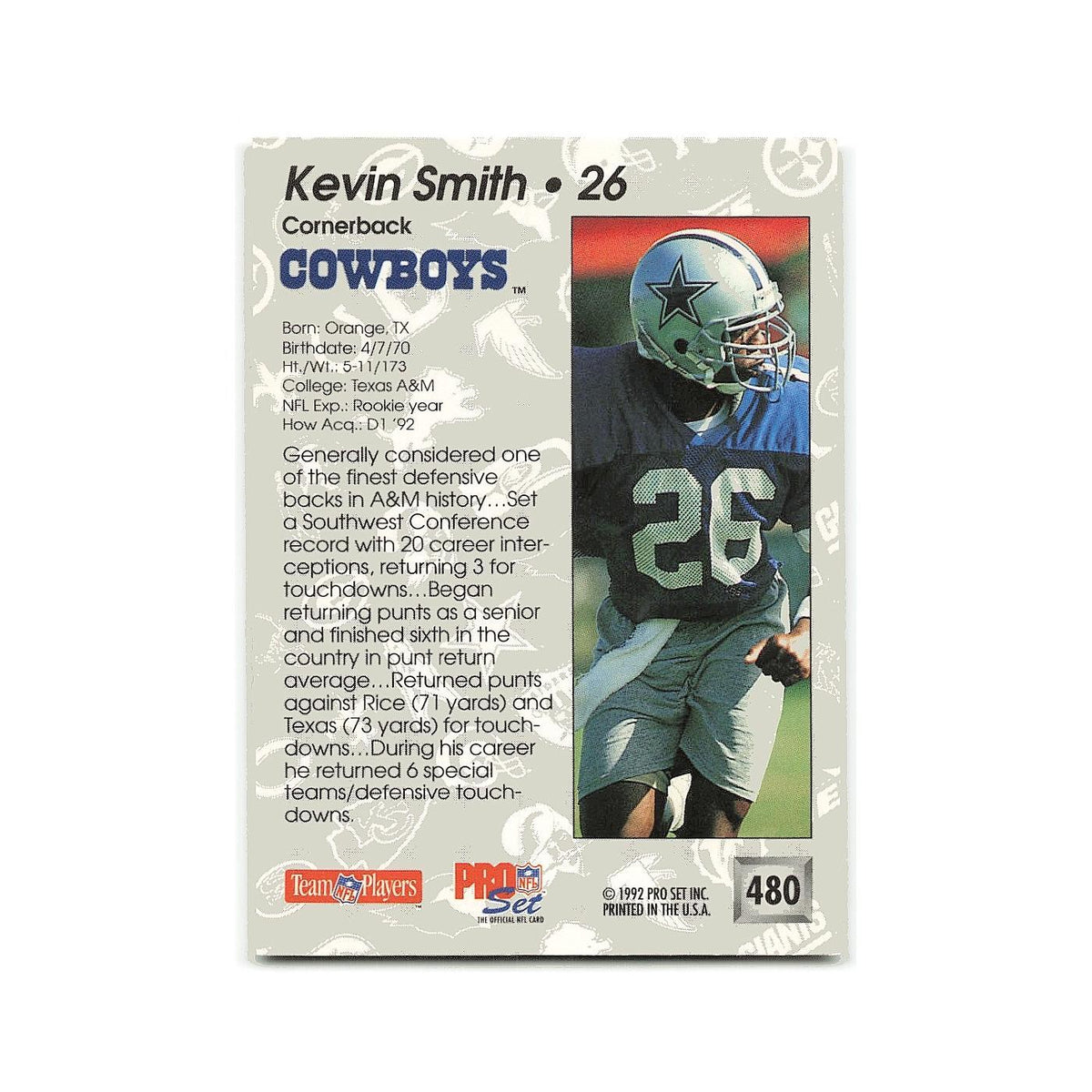 Kevin Smith Rookie 1992 Pro Set #480 Dallas Cowboys Football Card NM