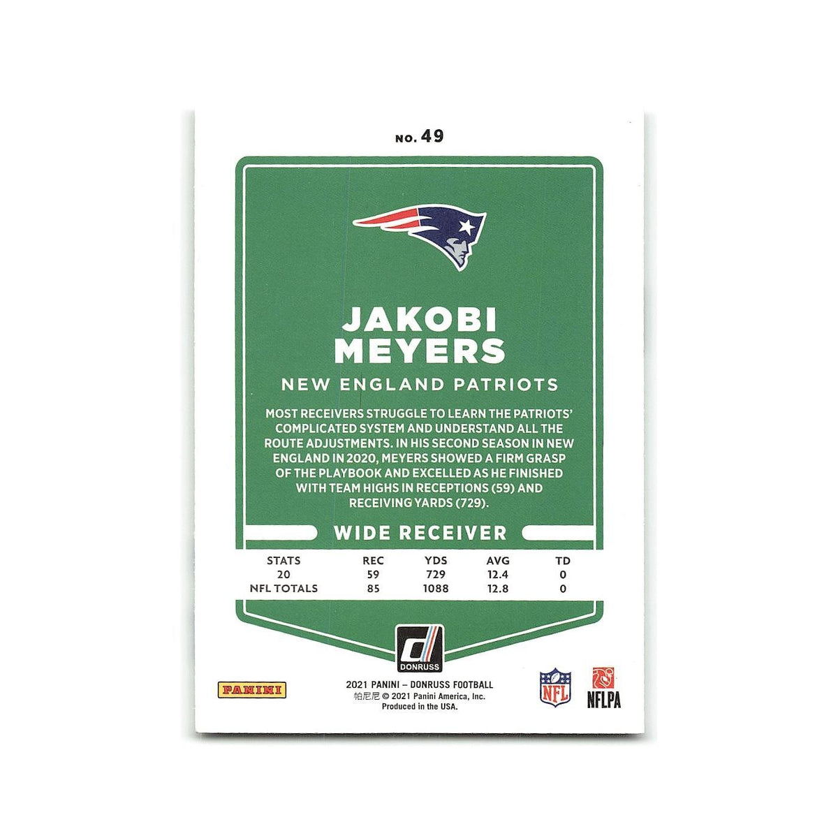 Jakobi Meyers 2021 Donruss #49 New England Patriots Football Card NM