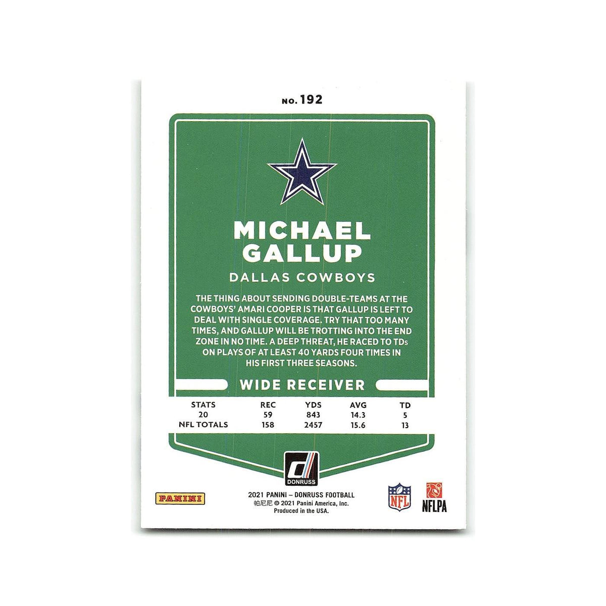 Michael Gallup 2021 Donruss #192 Dallas Cowboys Football Card NM