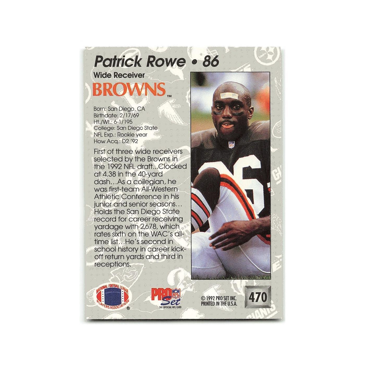 Patrick Rowe Rookie 1992 Pro Set #470 Cleveland Browns Football Card NM