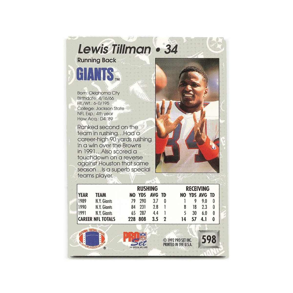 Lewis Tillman 1992 Pro Set #598 New York Giants Football Card NM