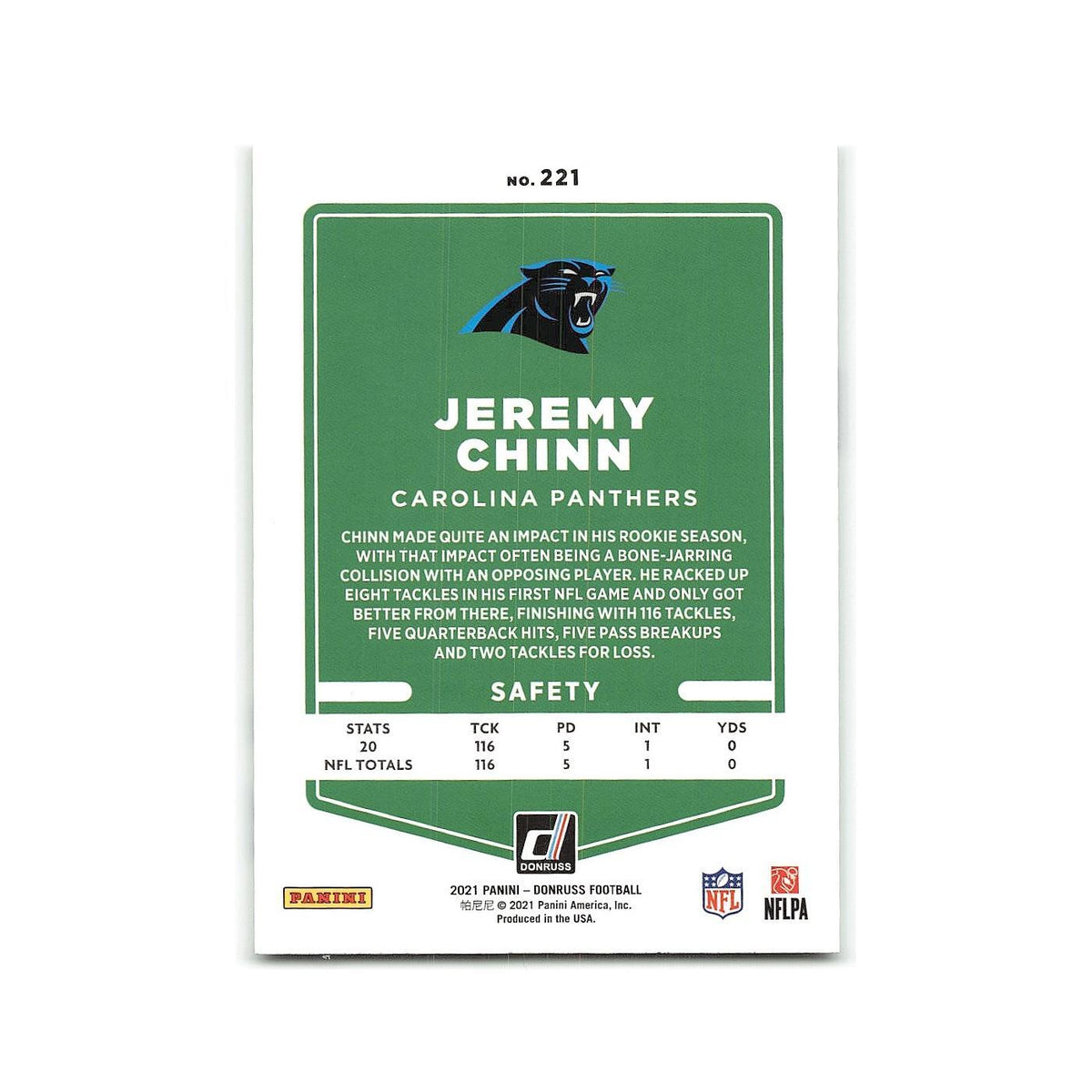 Jeremy Chinn 2021 Donruss #221 Carolina Panthers Football Card NM