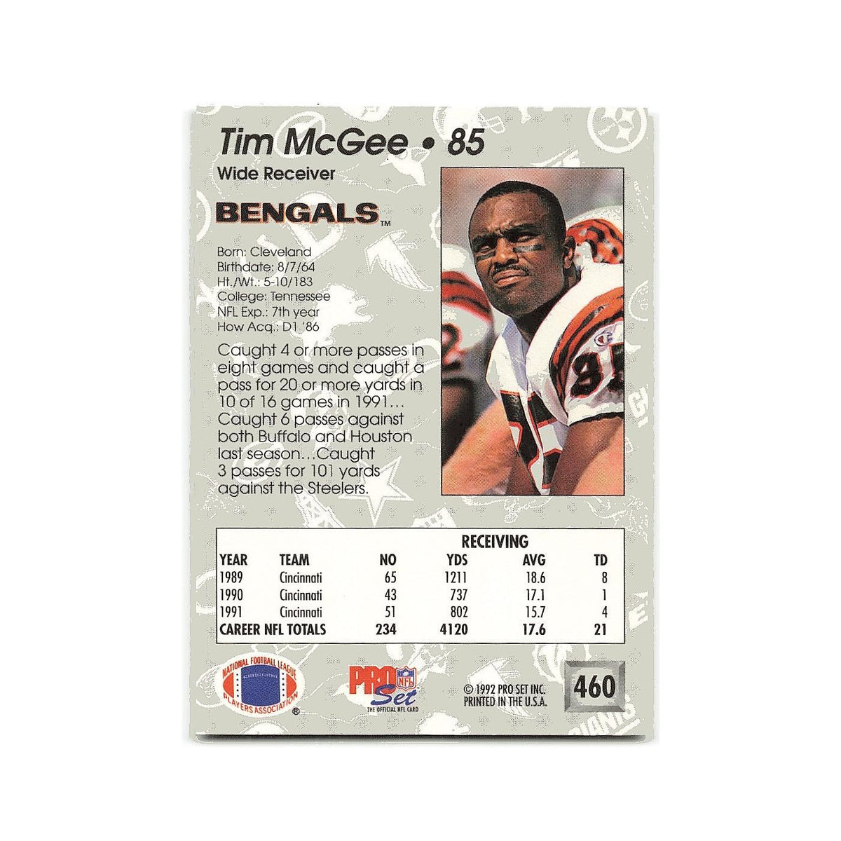 Tim McGee 1992 Pro Set #460 Cincinnati Bengals Football Card NM