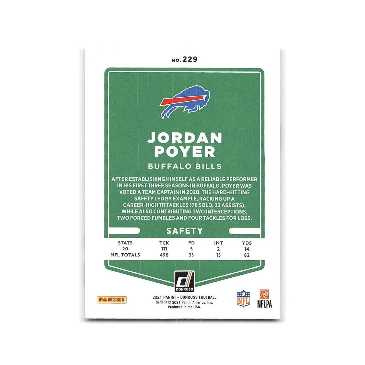 Jordan Poyer 2021 Donruss #229 Buffalo Bills Football Card NM