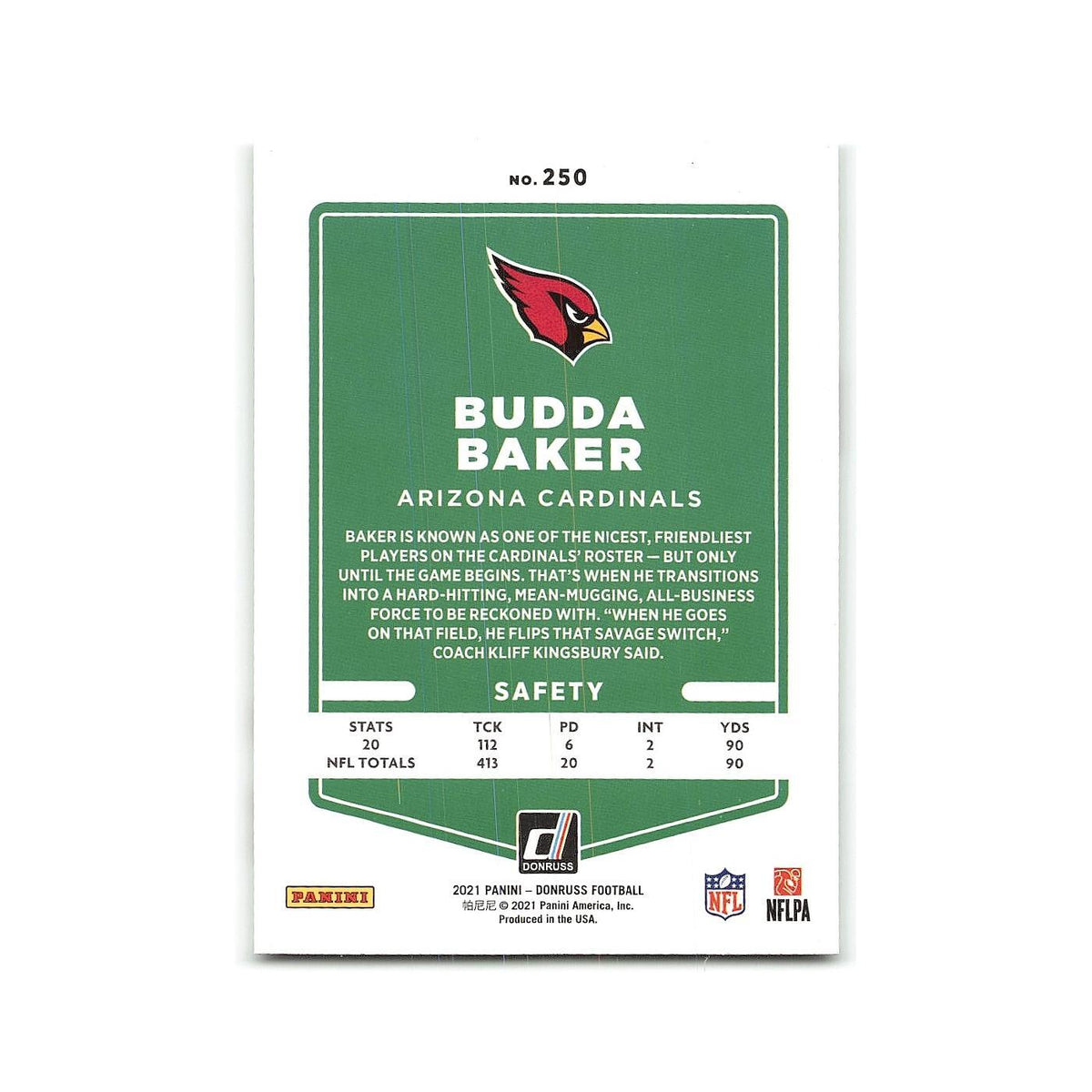 Budda Baker 2021 Donruss #250 Arizona Cardinals Football Card NM