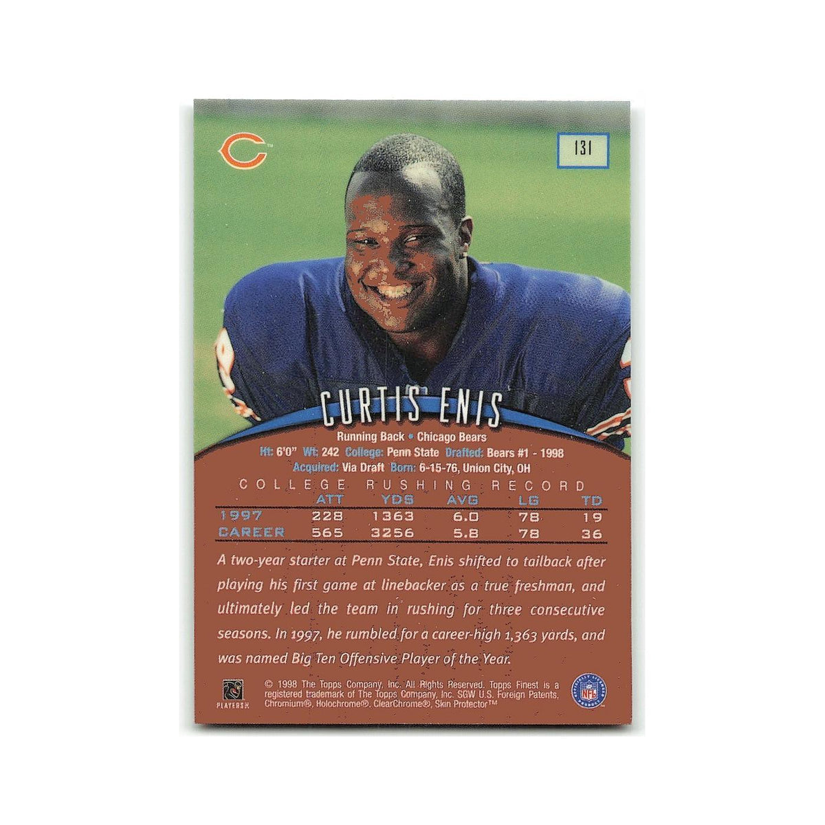 Curtis Enis Rookie 1998 Topps Finest w Coating #131 Chicago Bears NM
