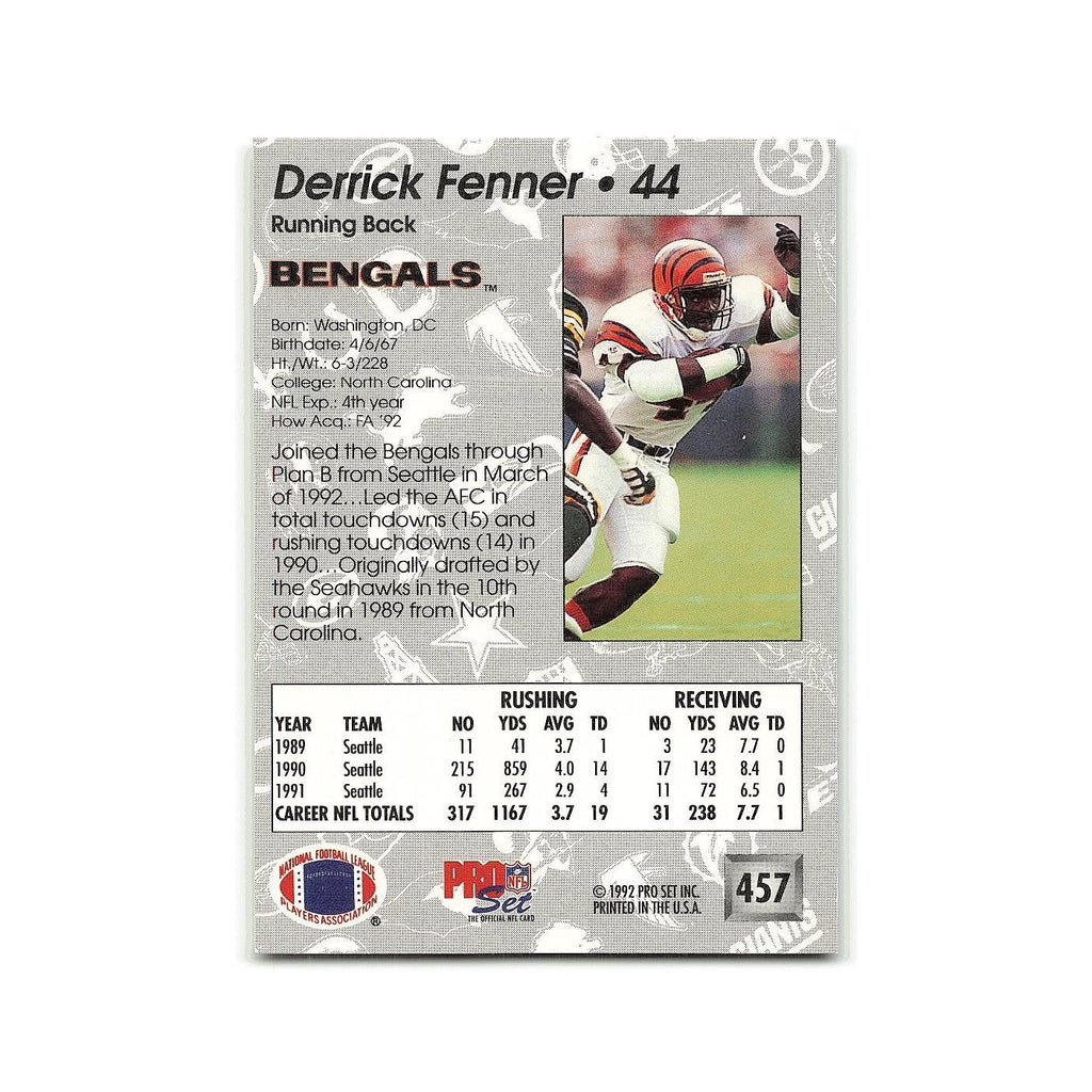 Derrick Fenner 1992 Pro Set #457 Cincinnati Bengals Football Card NM