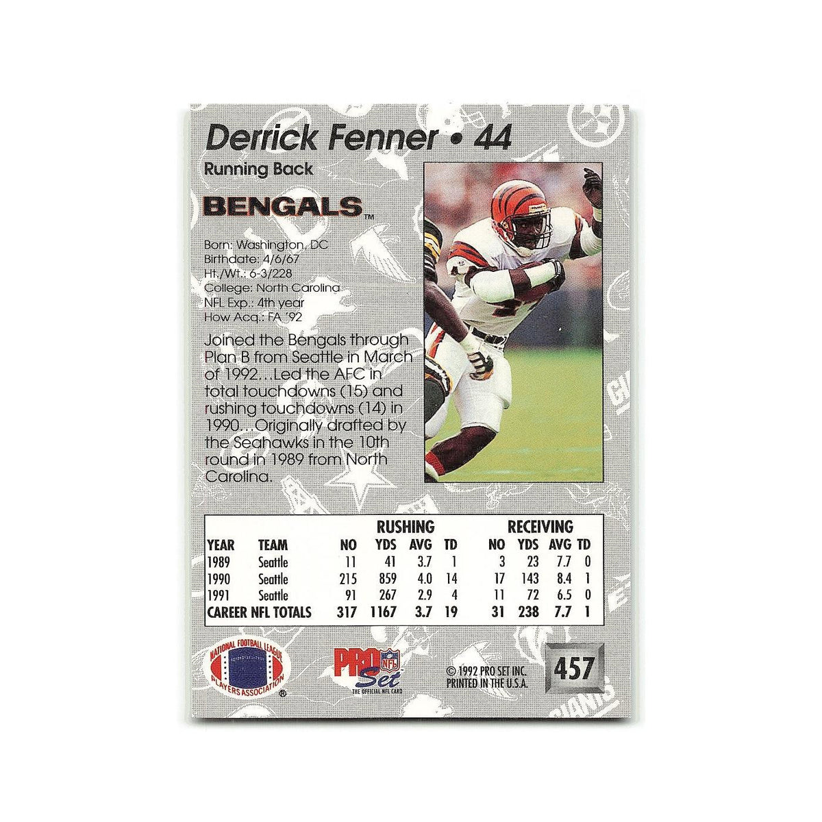 Derrick Fenner 1992 Pro Set #457 Cincinnati Bengals Football Card NM