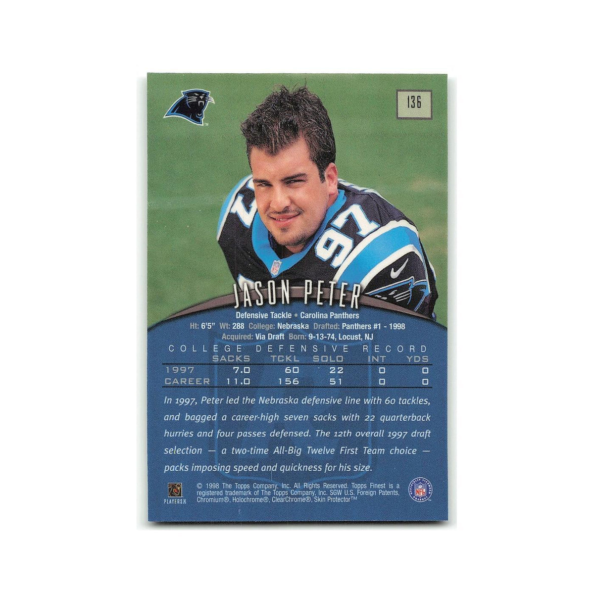 Jason Peter Rookie 1998 Topps Finest w Coating #136 Carolina Panthers NM