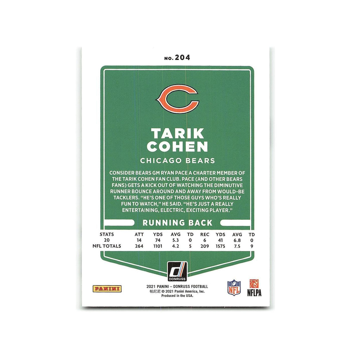 Tarik Cohen 2021 Donruss #204 Chicago Bears Football Card NM