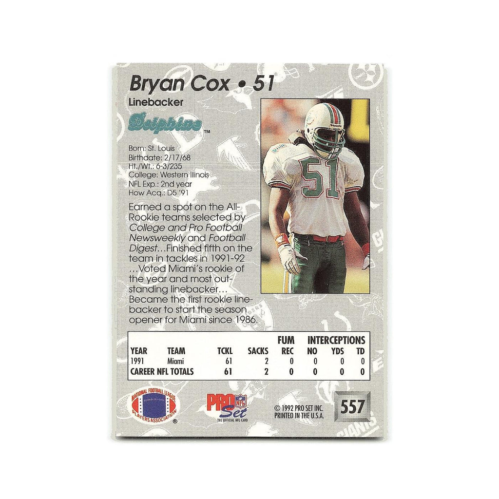 Bryan Cox 1992 Pro Set #557 Miami Dolphins Football Card NM