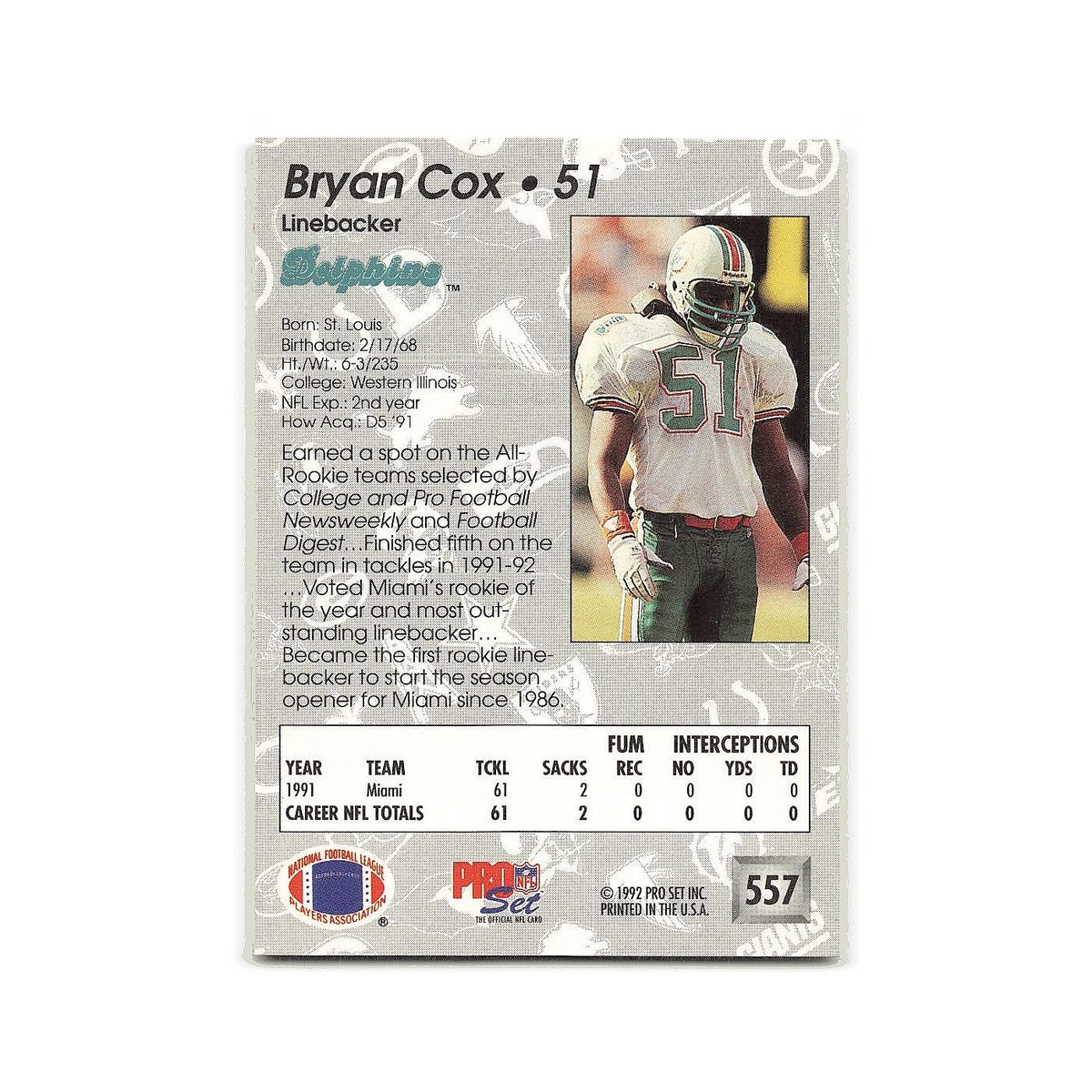 Bryan Cox 1992 Pro Set #557 Miami Dolphins Football Card NM
