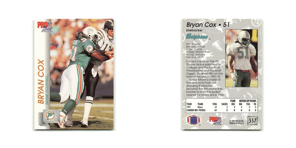 Bryan Cox 1992 Pro Set #557 Miami Dolphins Football Card NM