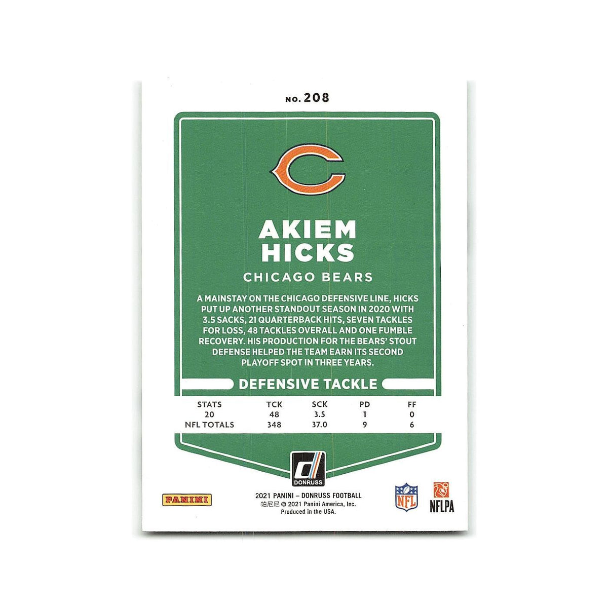 Akiem Hicks 2021 Donruss #208 Chicago Bears Football Card NM