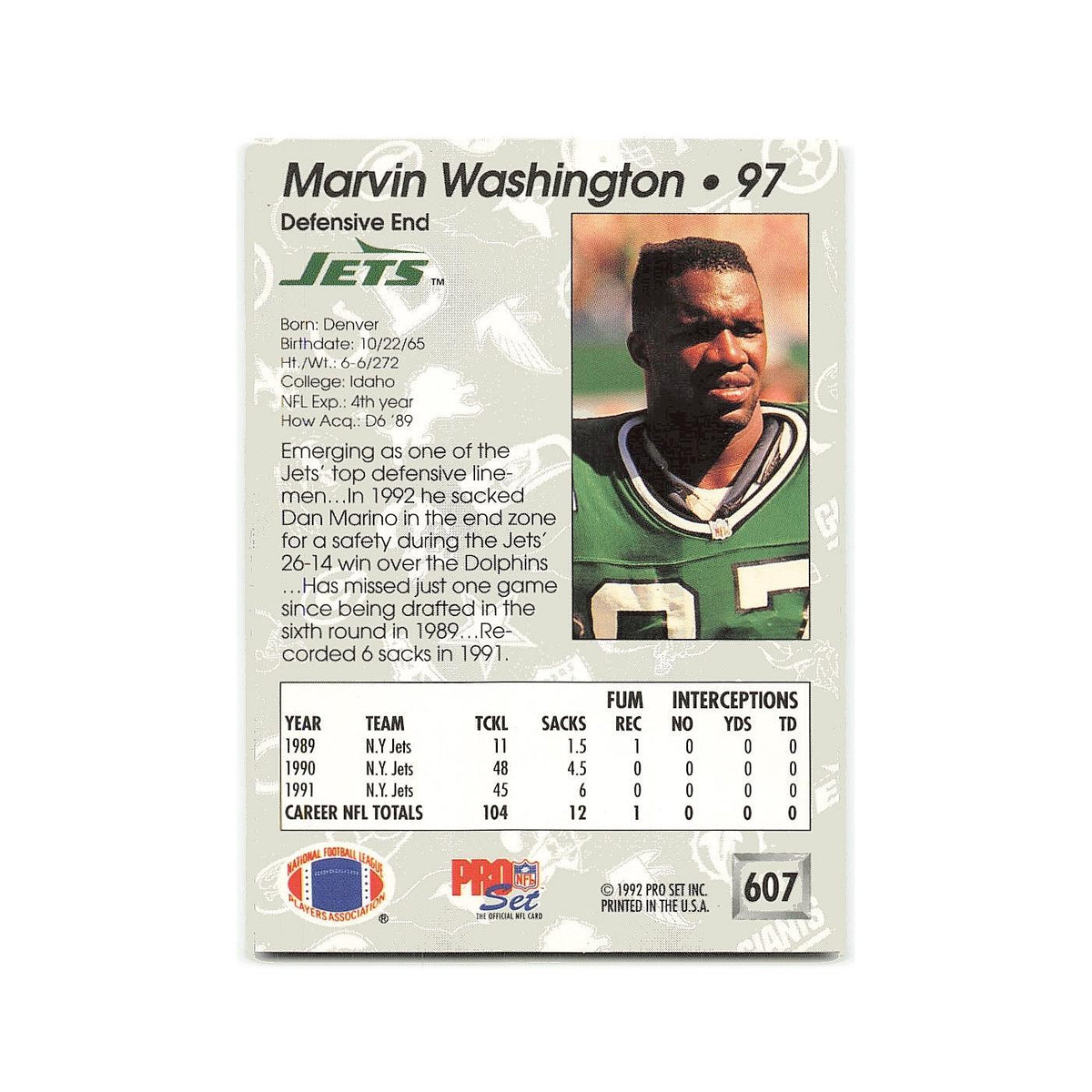 Marvin Washington 1992 Pro Set #607 New York Jets Football Card NM
