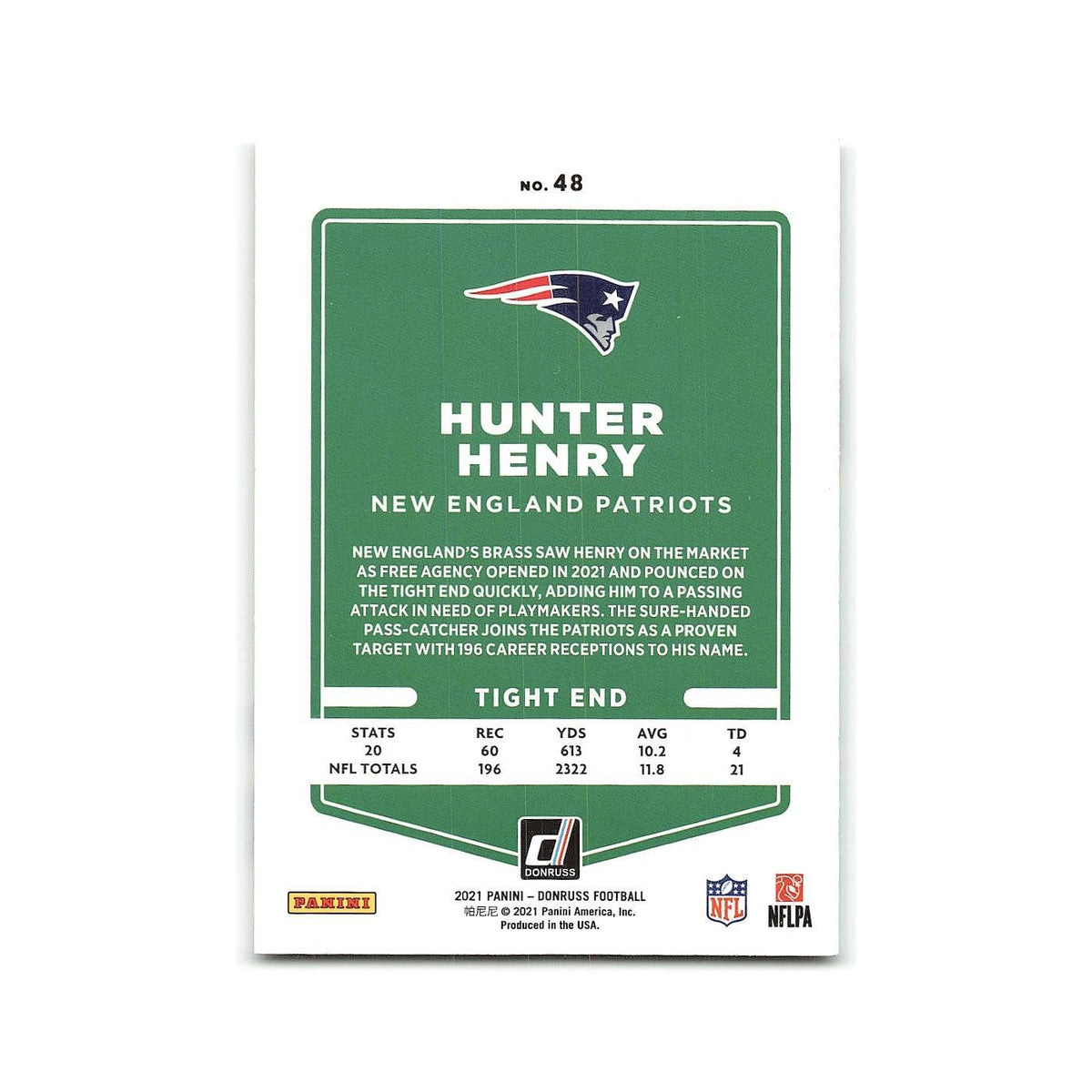 Hunter Henry 2021 Donruss #48 New England Patriots Football Card NM