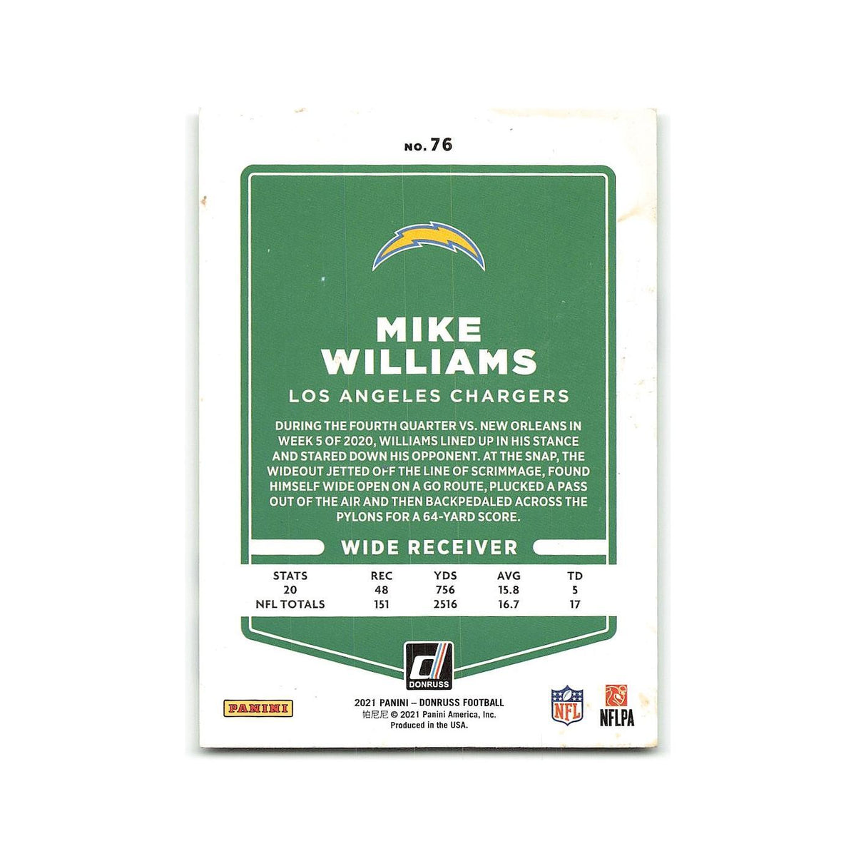 Mike Williams 2021 Donruss #76 Los Angeles Chargers Football Card NM