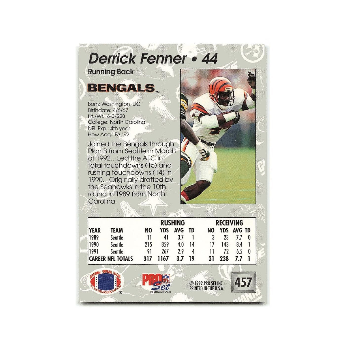 Derrick Fenner 1992 Pro Set #457 Cincinnati Bengals Football Card NM