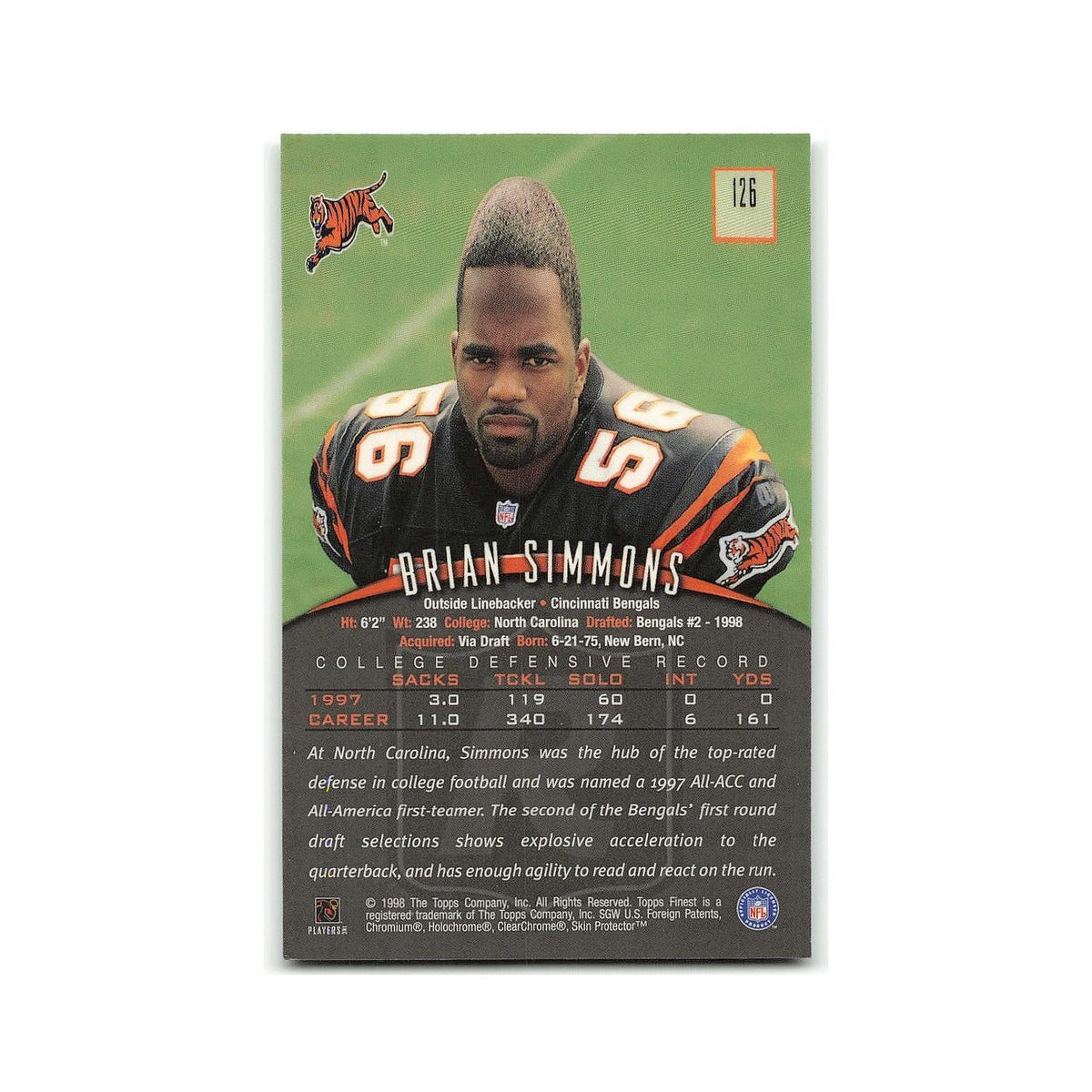 Brian Simmons Rookie 1998 Topps Finest w Coating #126 Cincinnati Bengals NM