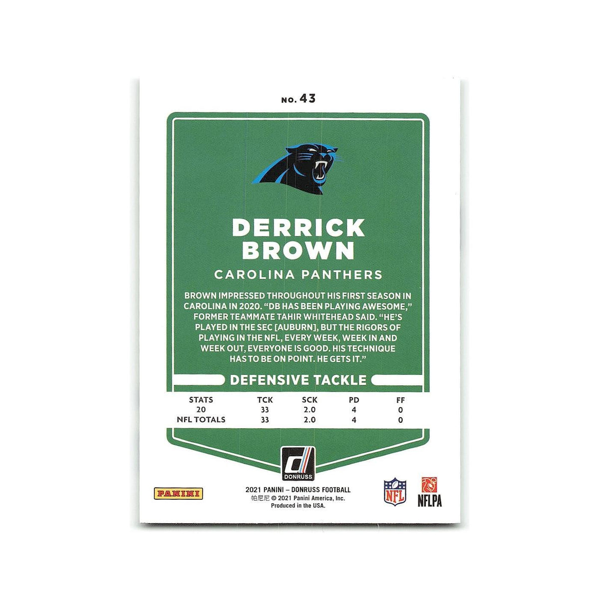 Derrick Brown 2021 Donruss #43 Carolina Panthers Football Card NM