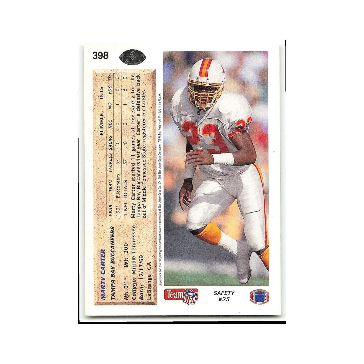 Marty Carter Rookie 1992 Upper Deck #398 Tampa Bay Buccaneers Football Card NM