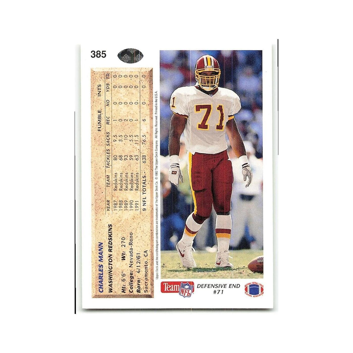 Charles Mann 1992 Upper Deck #385 Washington Redskins Football Card NM