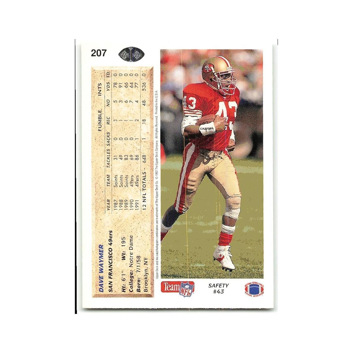 Dave Waymer 1992 Upper Deck #207 San Francisco 49ers Football Card NM