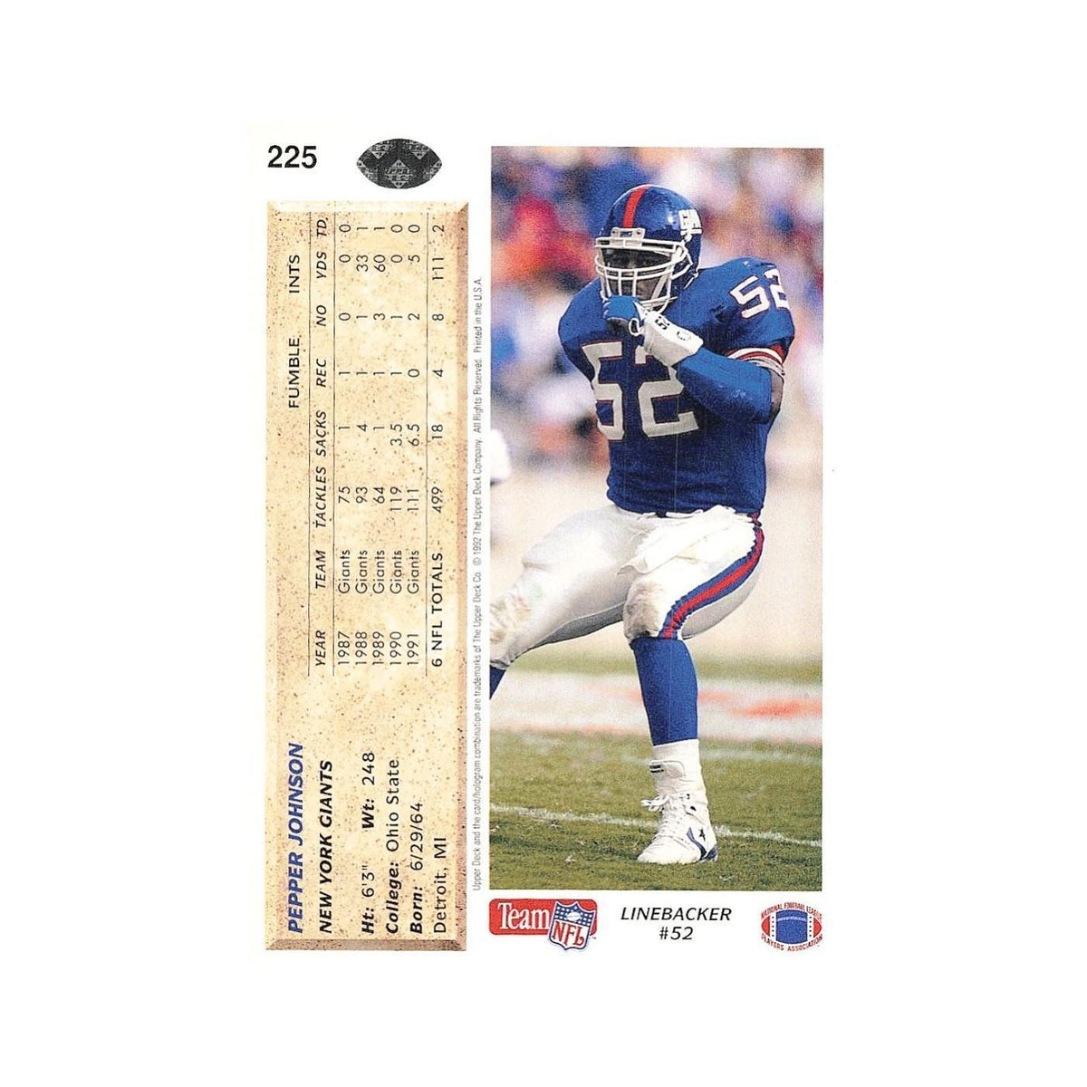 Pepper Johnson 1992 Upper Deck #225 New York Giants Football Card NM